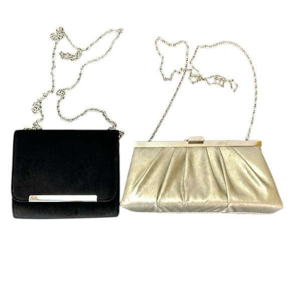 Gunne Sax Evening Purses Bundle Black Velvet and Pleated Silver Lamay Clutch Bag